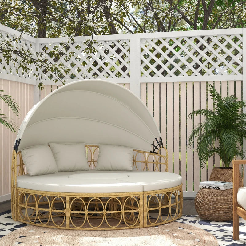 Outsunny Round Outdoor Daybed Set with Retractable Canopy – Natural/Cream White