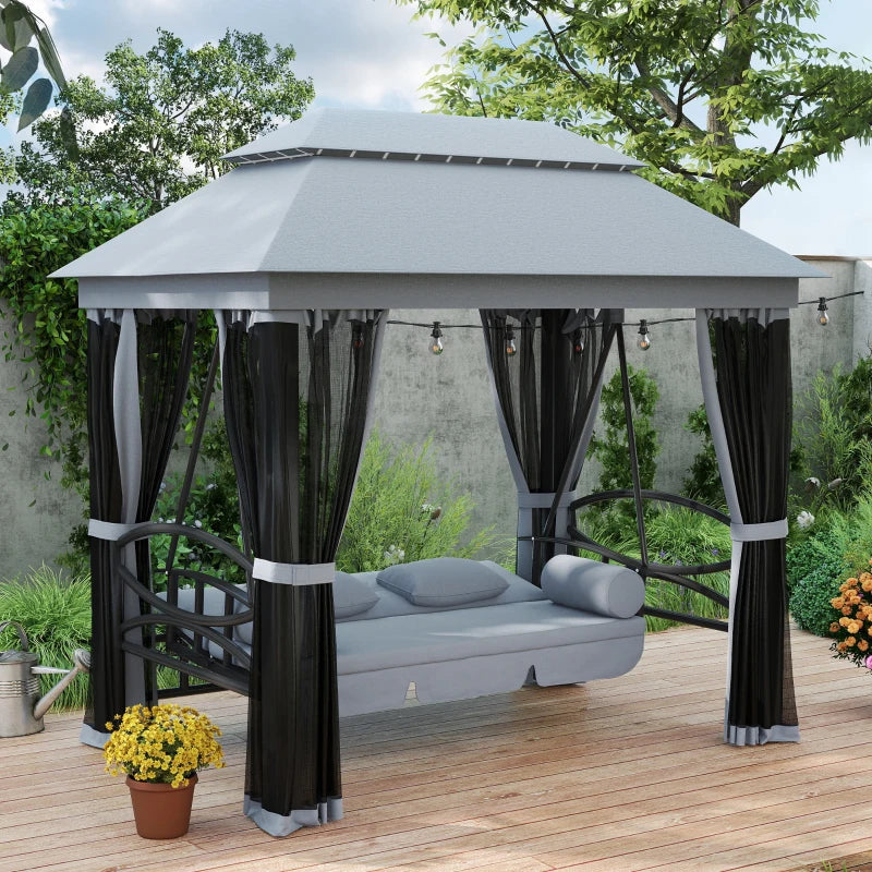 Outsunny 3-Seat Patio Swing Chair and Bed with Gazebo Canopy – Gray