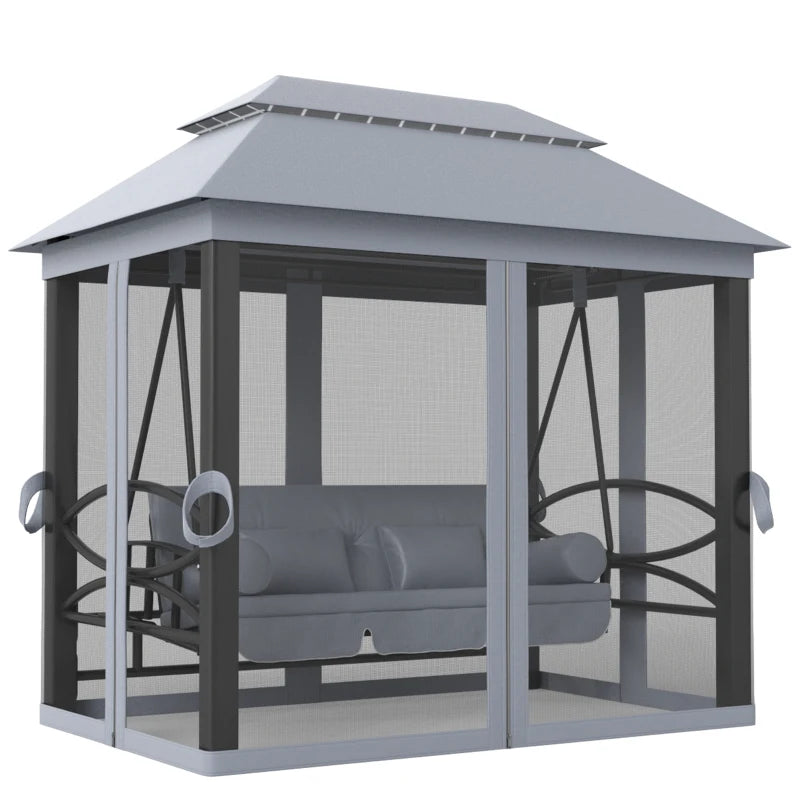Outsunny 3-Seat Patio Swing Chair and Bed with Gazebo Canopy – Gray
