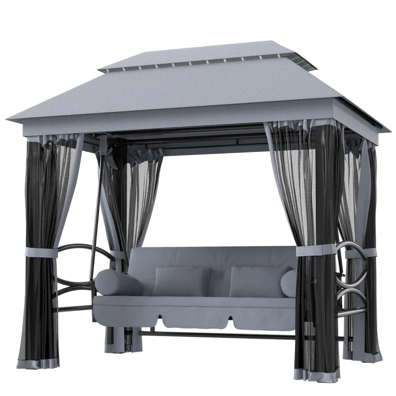 Outsunny 3-Seat Patio Swing Chair and Bed with Gazebo Canopy – Gray